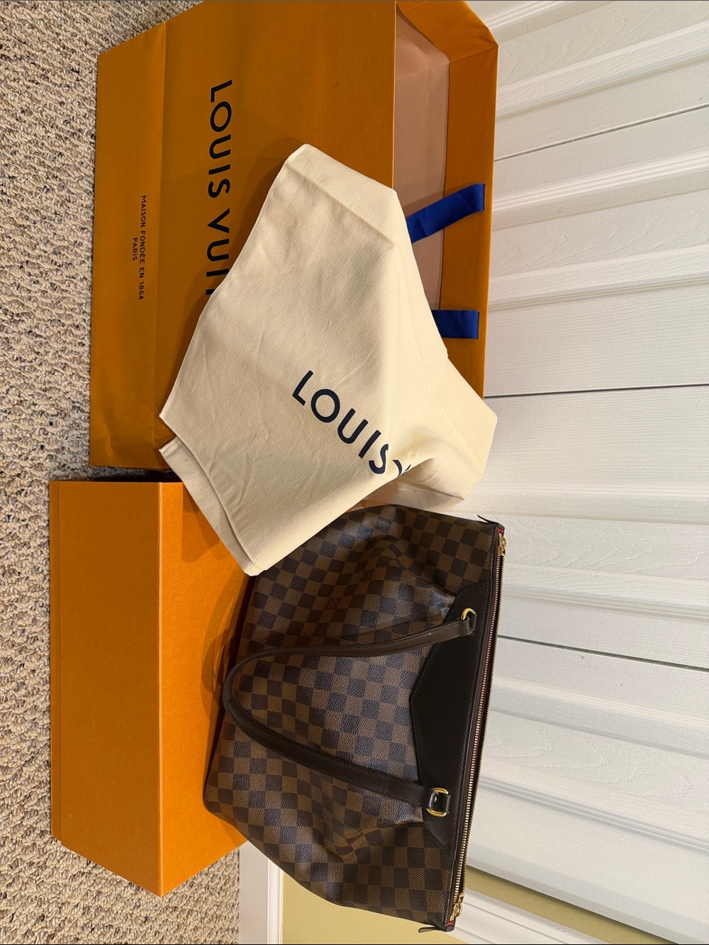 Louis Vuitton Damier Ebene Canvas Tote with Dark Brown Trim
